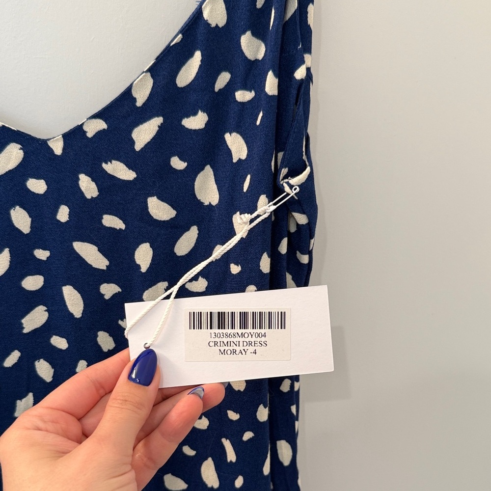 Reformation Crimini Dress in Moray - Blue and White Midi Dress with Slit